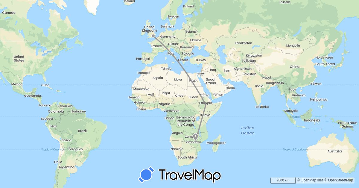 TravelMap itinerary: driving, plane in Ethiopia, United Kingdom, Zimbabwe (Africa, Europe)